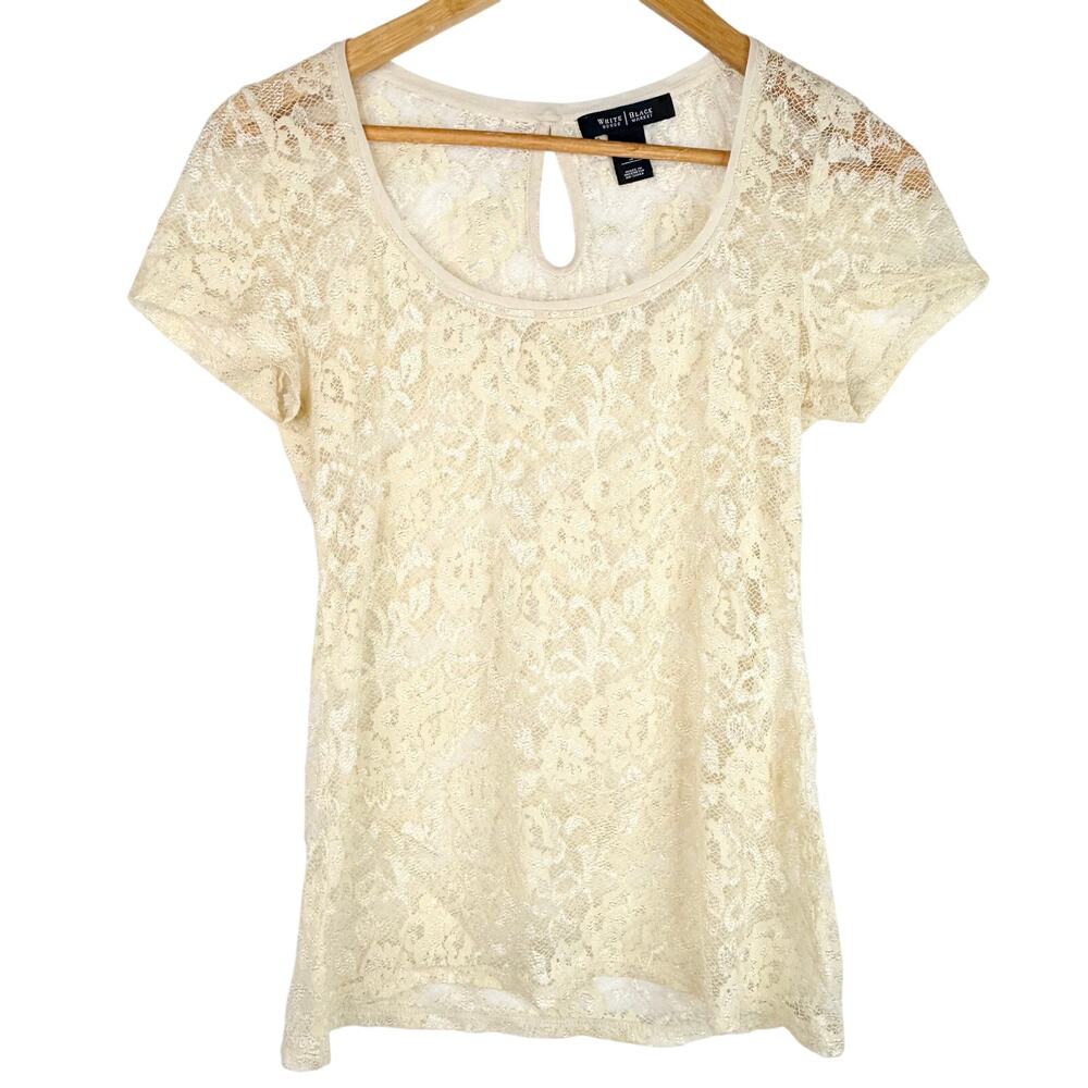 White House Black Market Cream Sheer Lace T-Shirt Small